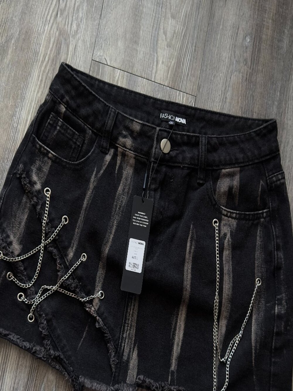 Black Acid Wash Chain Denim Skirt